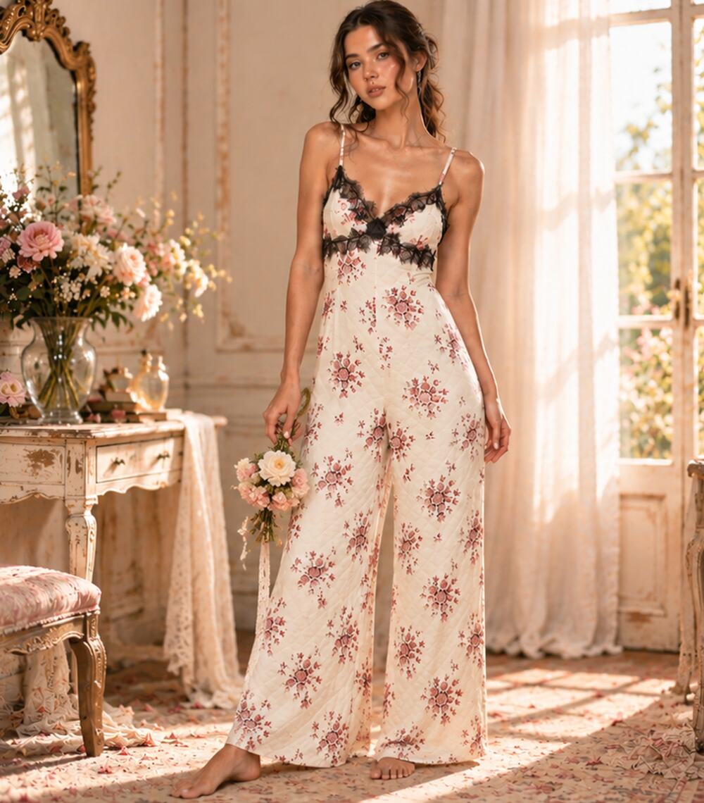 Morgan Lane Bambi Silk Floral Wide Leg Jumpsuit Black Lace Sz S Coquette Cottage